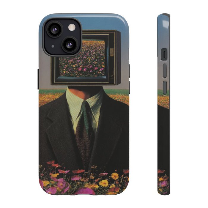 Surrealistische Man met Televisiehoofd in Bloemenveld