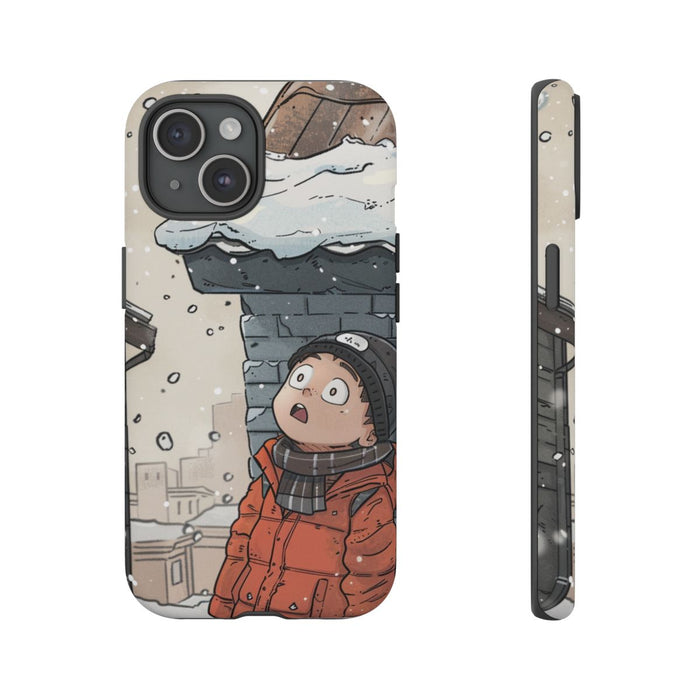 Chibi Man in Winterjas Kijkt Op naar Besneeuwd Dak