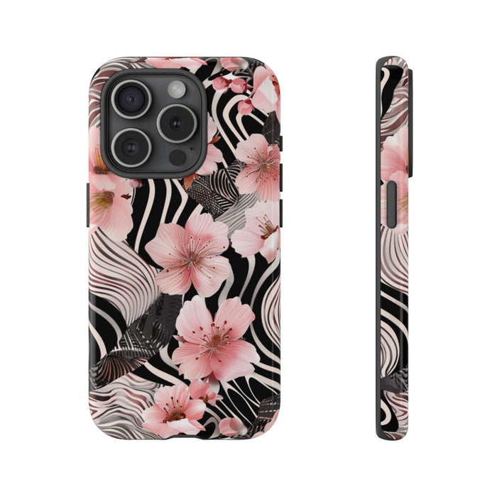 Roze Kersenbloesems met Zwart-Wit Abstract Patroon