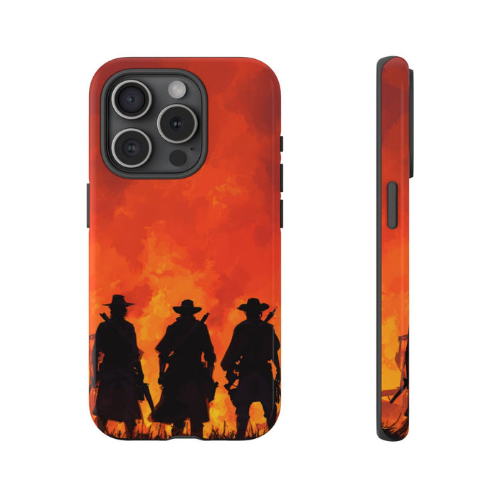 Silhouetten van Drie Cowboys bij Vurige Zonsondergang