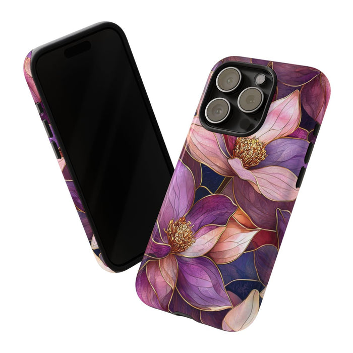 Paarse Magnolia Bloemen in Glas-in-lood