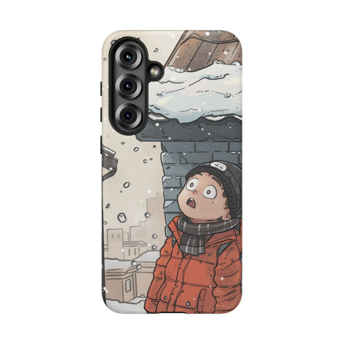 Chibi Man met Winterjas en Muts Kijkt Omhoog
