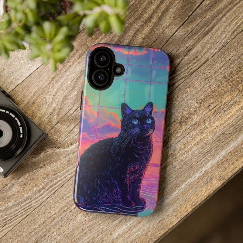 Zwarte Kat met Neonlucht Reflectie