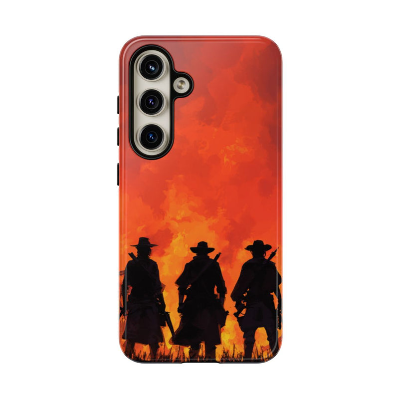Silhouetten van Drie Cowboys bij Vurige Zonsondergang