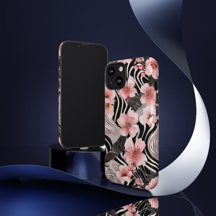 Roze Kersenbloesems met Zwart-Wit Abstract Patroon