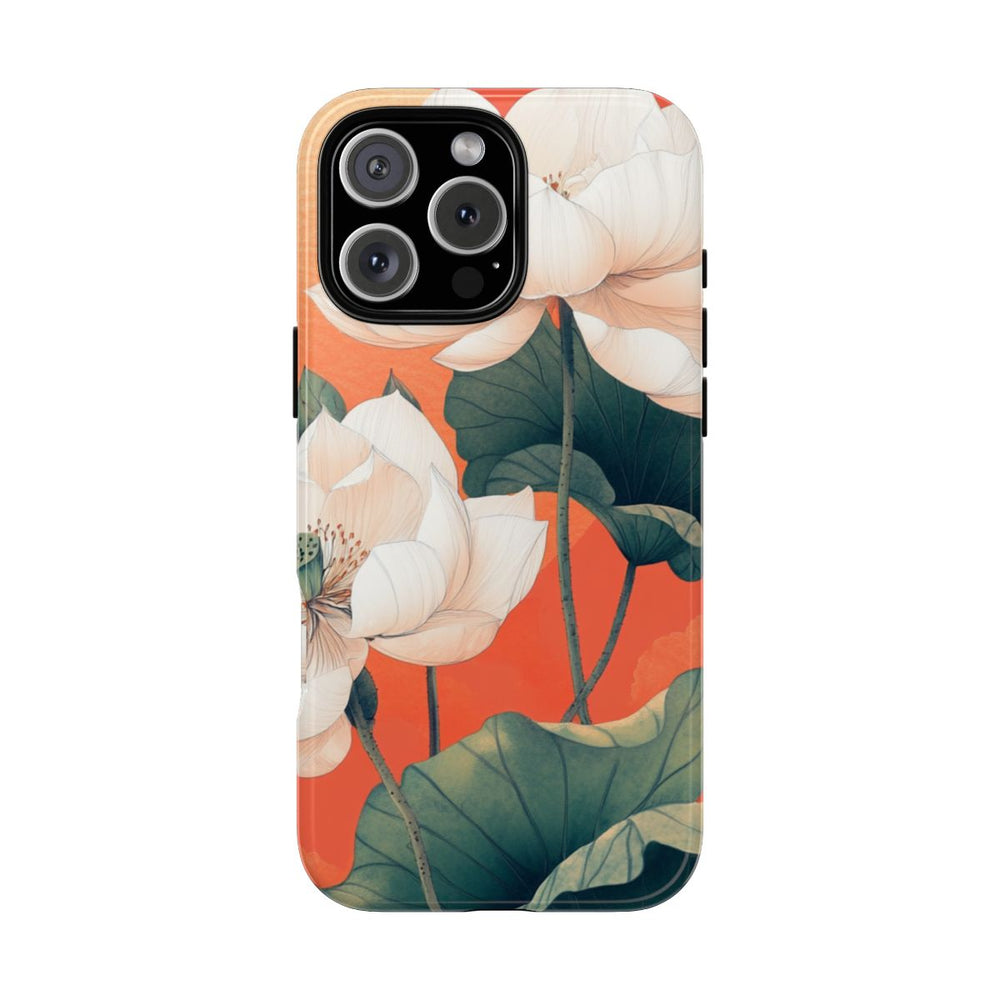Witte Lotus Bloemen met Groene Bladeren op Oranje Achtergrond