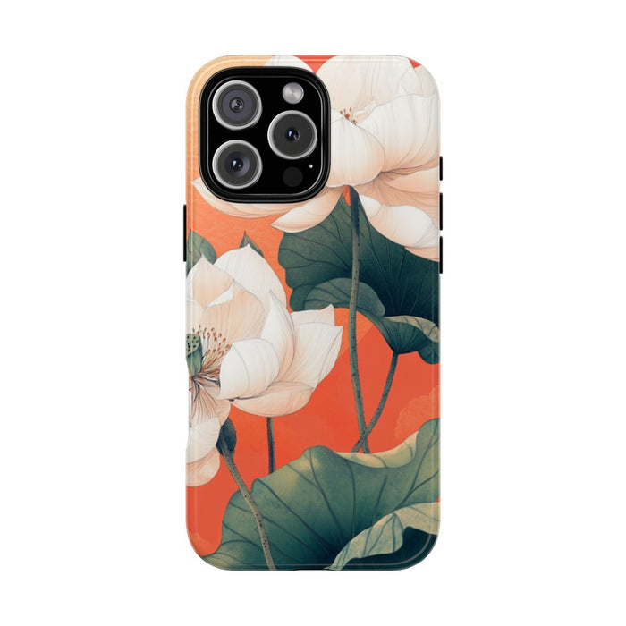 Witte Lotus Bloemen met Groene Bladeren op Oranje Achtergrond