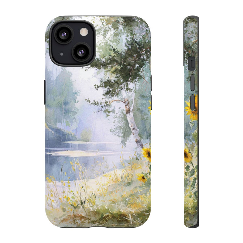 Gele Zonnebloemen bij een Bosmeer