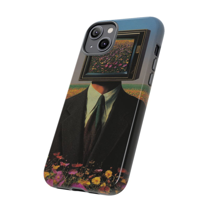 Surrealistische Man met Televisiehoofd in Bloemenveld