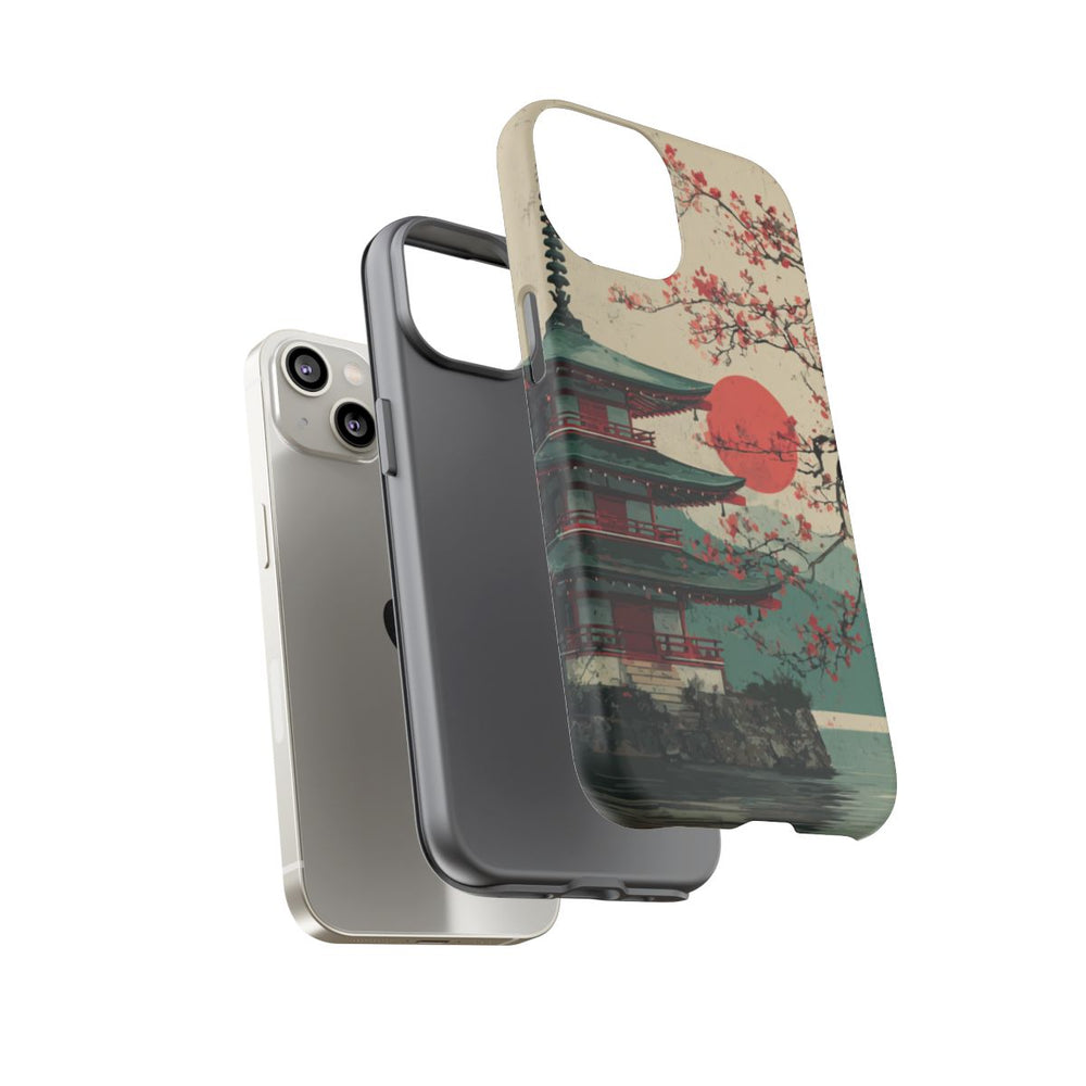 Pagode met Kersenbloesems en Rode Zon