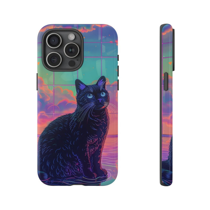 Zwarte Kat met Neonlucht Reflectie