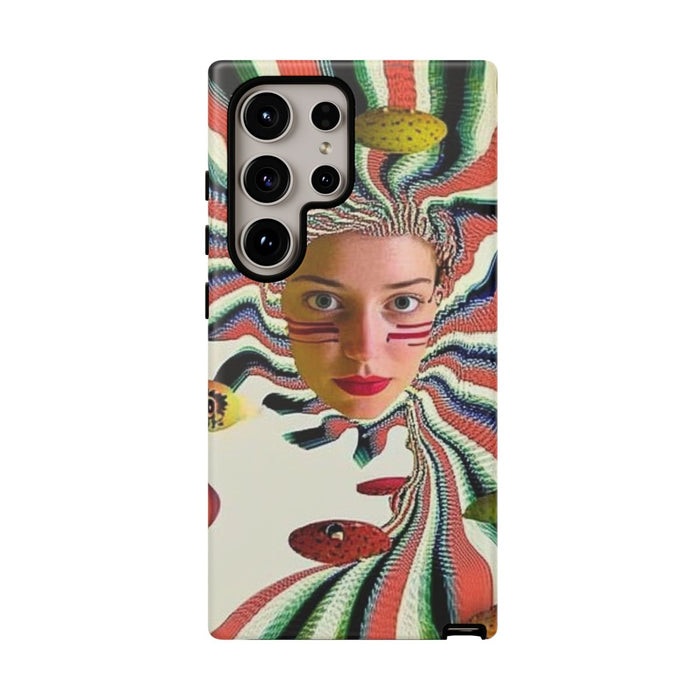 Surrealistisch Gezicht met Gestreept Patroon en Zwevende Bollen