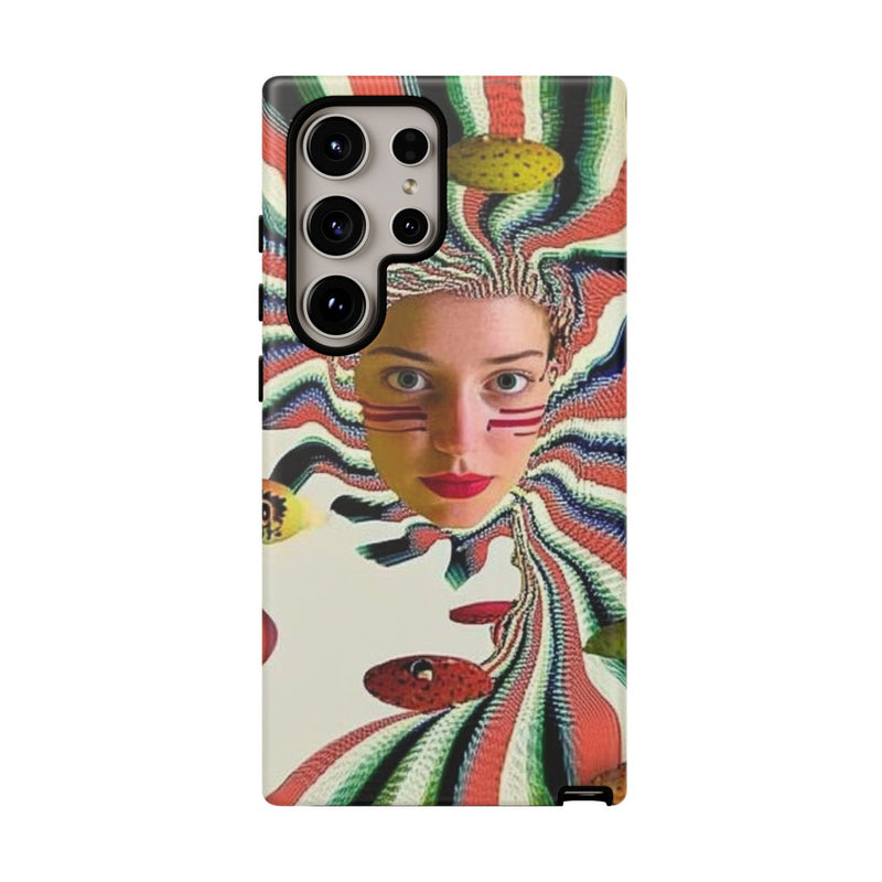 Surrealistisch Gezicht met Gestreept Patroon en Zwevende Bollen