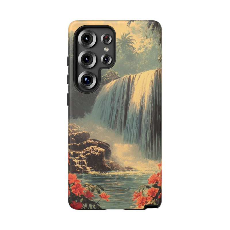 Tropische Waterval met Rode Bloemen