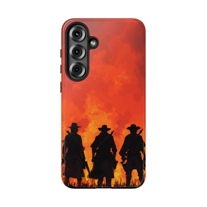 Silhouetten van Drie Cowboys bij Vurige Zonsondergang