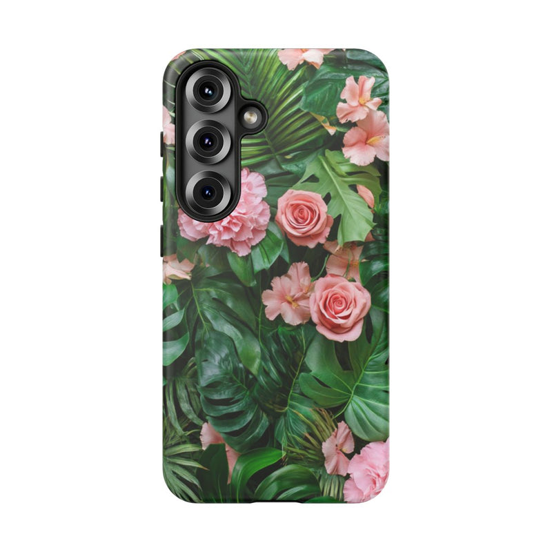Roze Bloemen en Tropische Bladeren Patroon