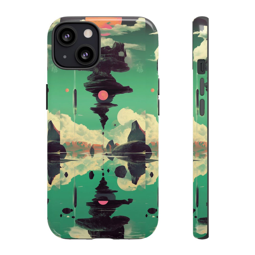 Surrealistisch Zwevende Rotsformatie met Roze Zonnen