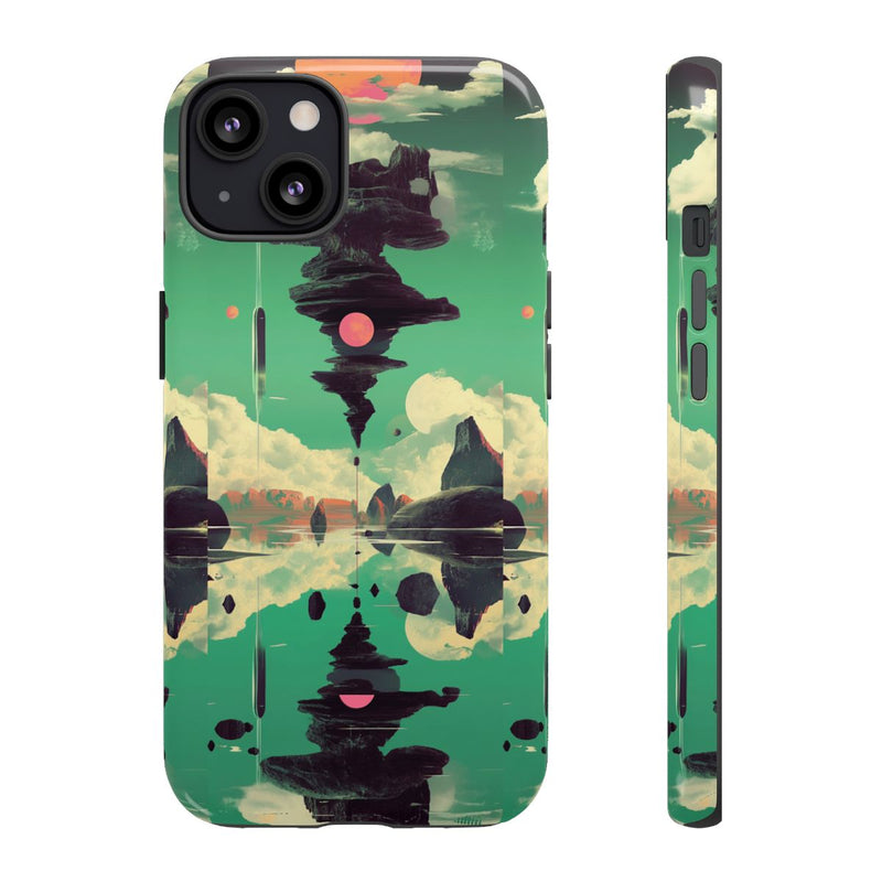 Surrealistisch Zwevende Rotsformatie met Roze Zonnen