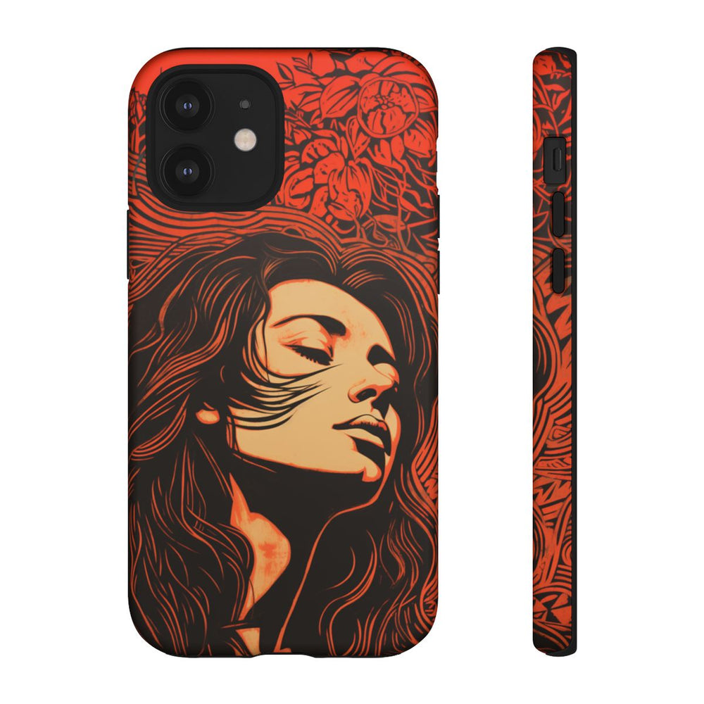 Linosnede Portret van Vrouw met Bloemen