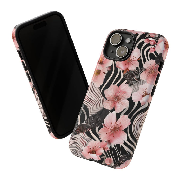 Roze Kersenbloesems met Zwart-Wit Abstract Patroon