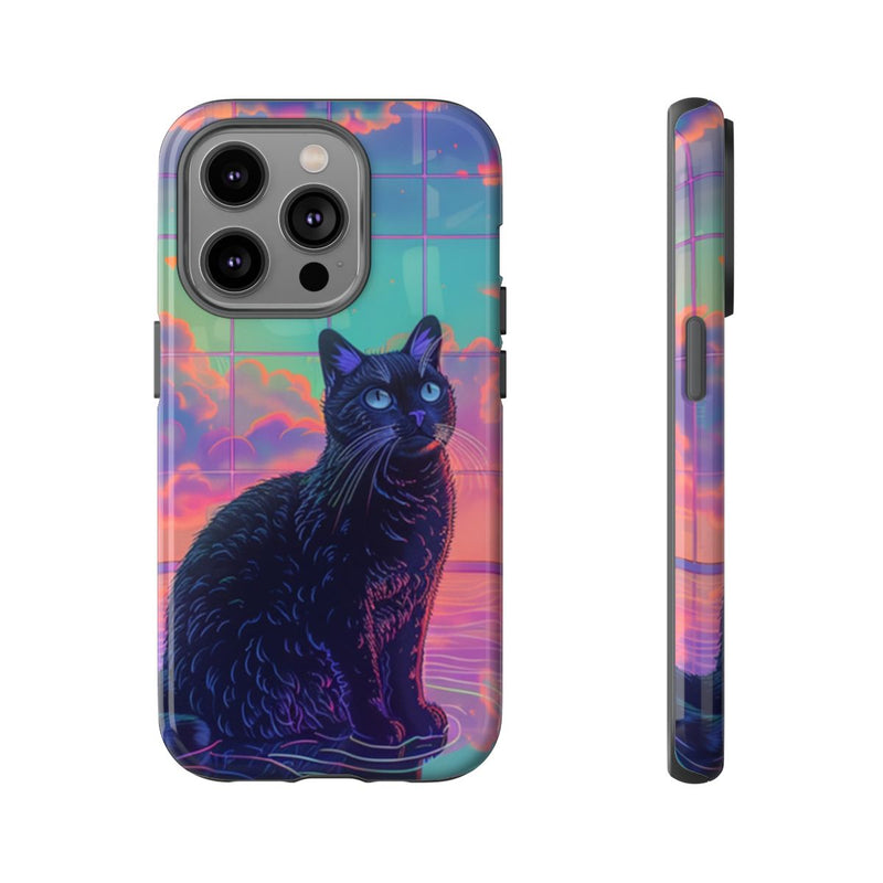 Zwarte Kat met Neonlucht Reflectie