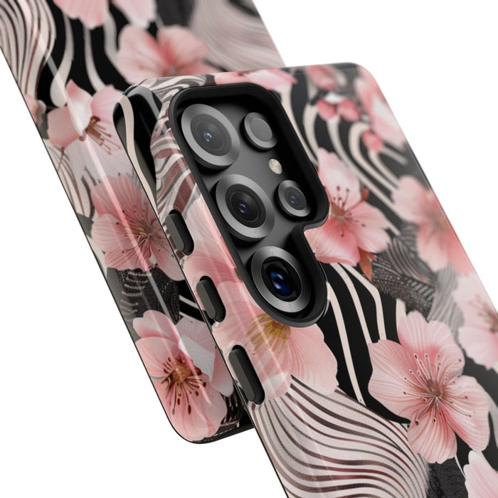 Roze Kersenbloesems met Zwart-Wit Abstract Patroon