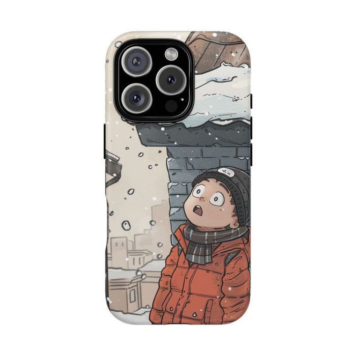 Chibi Man in Winterjas Kijkt Op naar Besneeuwd Dak