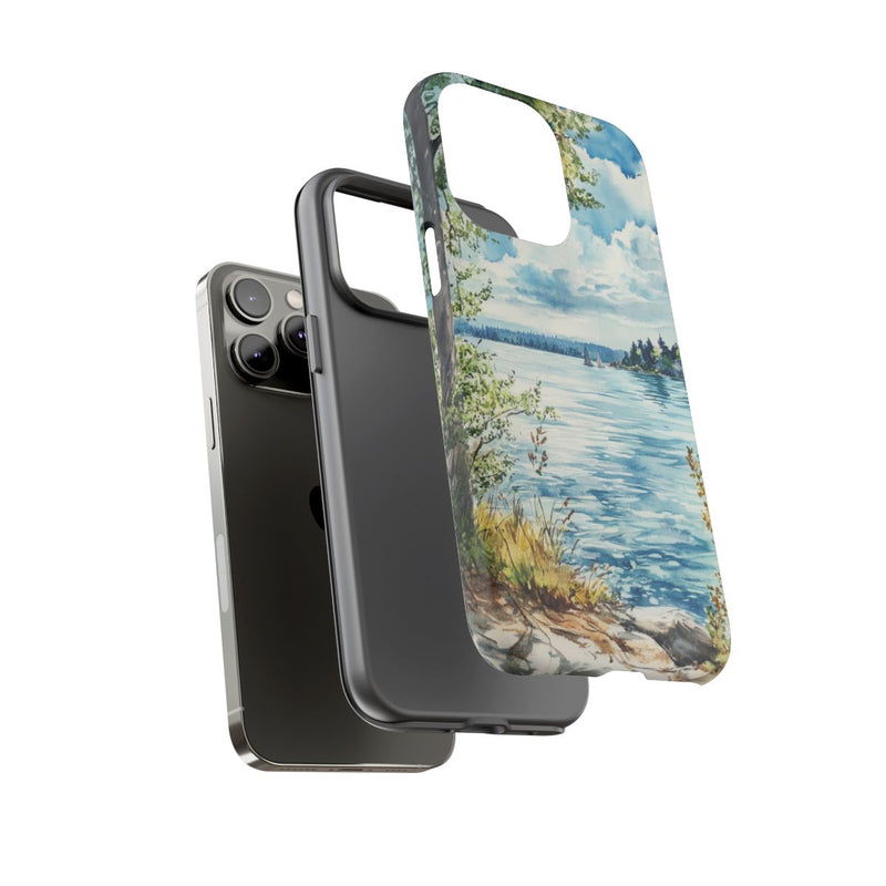 Aquarel Landschap met Meer, Bomen en Zeilboten