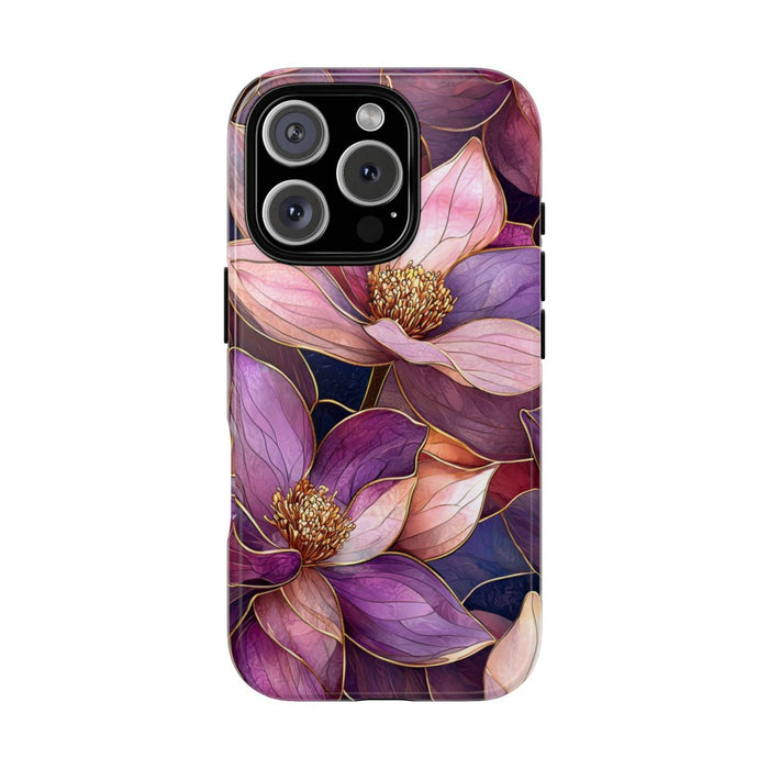 Paarse Magnolia Bloemen in Glas-in-lood