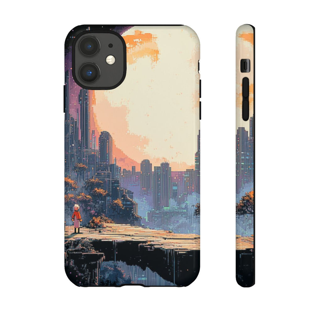 Pixel Art Stadsgezicht met Grote Maan