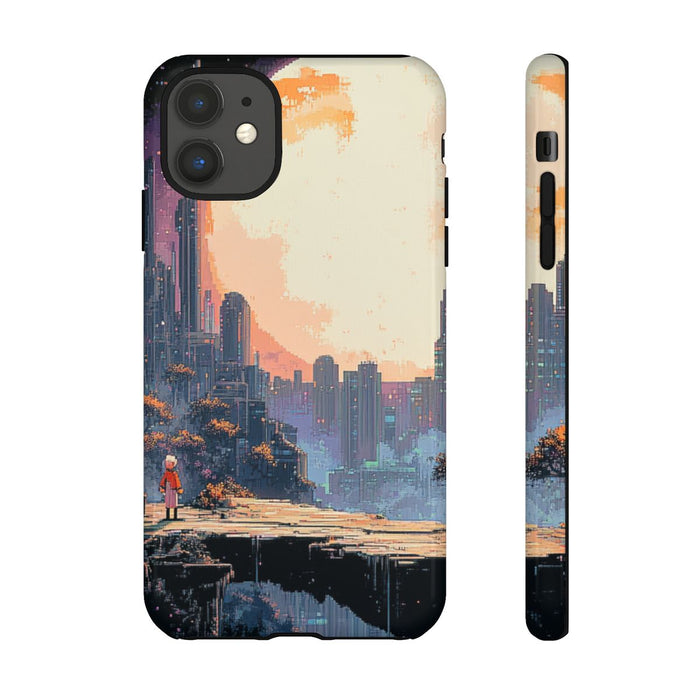 Pixel Art Stadsgezicht met Grote Maan