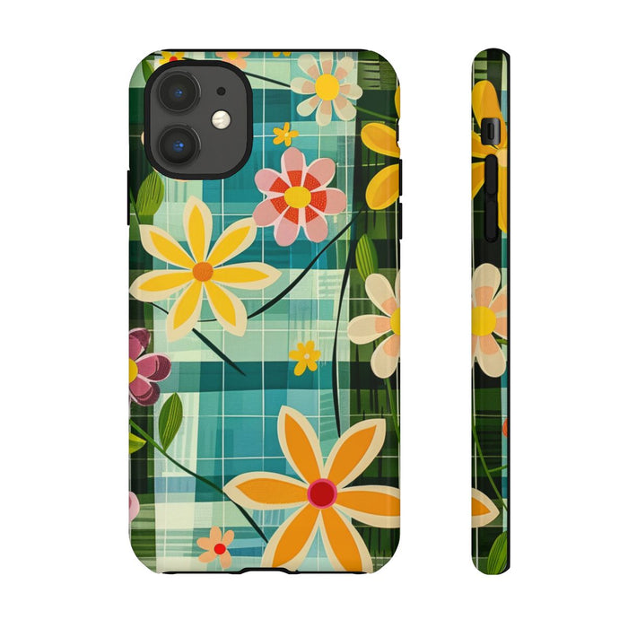 Kleurrijk Retro Bloemenpatroon op Blauwe Achtergrond