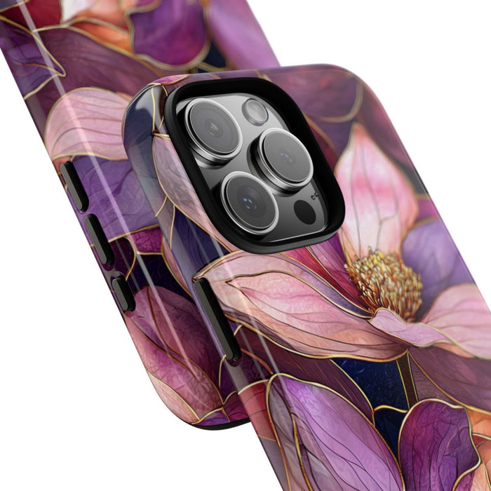 Paarse Magnolia Bloemen in Glas-in-lood