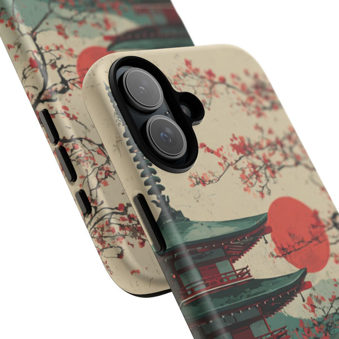 Pagode met Kersenbloesems en Rode Zon