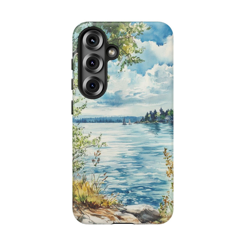Aquarel Landschap met Meer, Bomen en Zeilboten