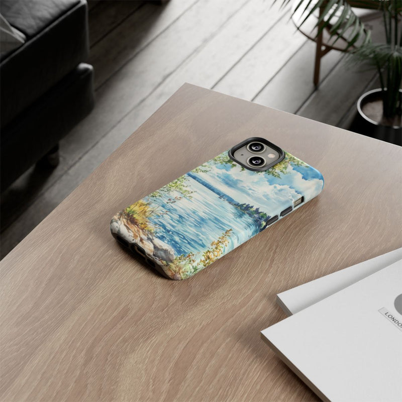 Aquarel Landschap met Meer, Bomen en Zeilboten