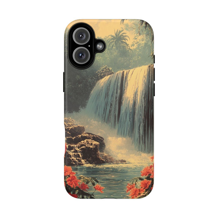 Tropische Waterval met Rode Bloemen