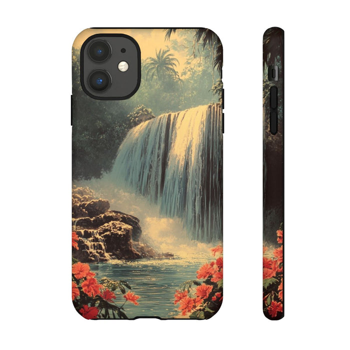 Tropische Waterval met Rode Bloemen