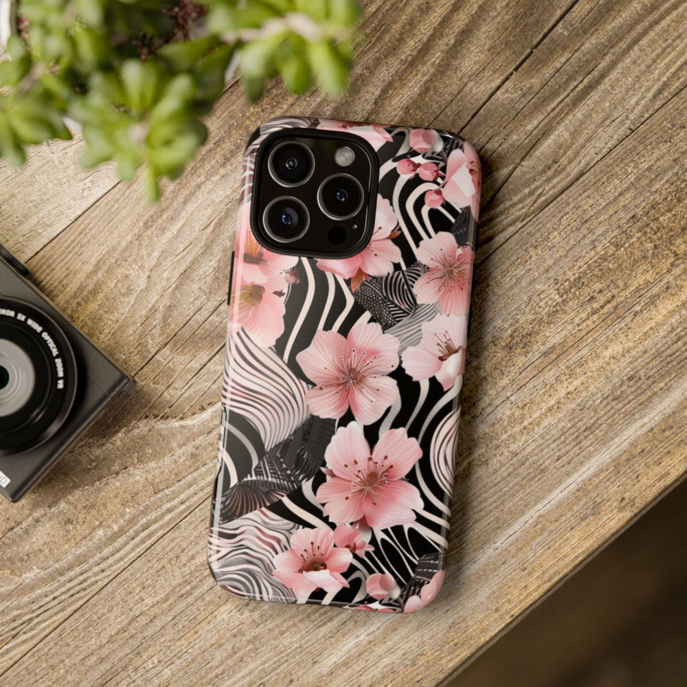 Roze Kersenbloesems met Zwart-Wit Abstract Patroon