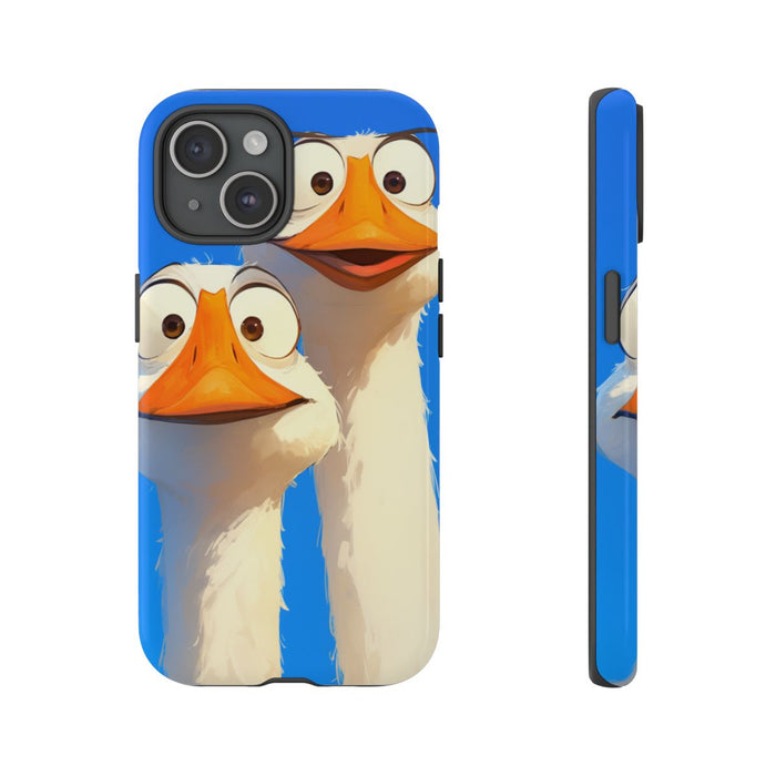 Twee Grappige Ganzen met Grote Ogen op Blauwe Achtergrond