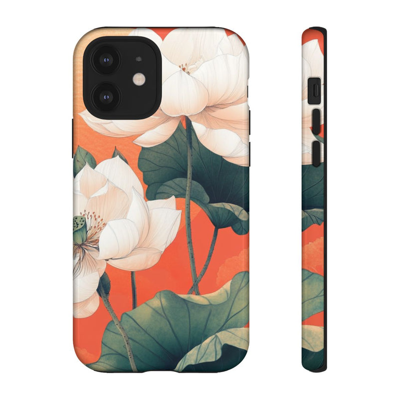 Witte Lotus Bloemen met Groene Bladeren op Oranje Achtergrond