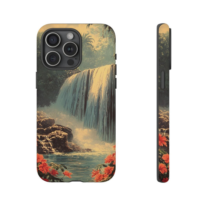 Tropische Waterval met Rode Bloemen