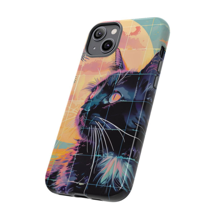 Lofi Vaporwave Kat met Zonsondergang en Palmen