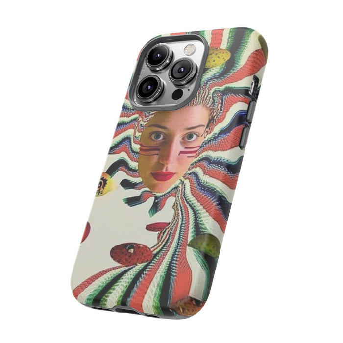 Surrealistisch Vrouwenportret met Kleurrijke Strepen en Zwevende Bollen