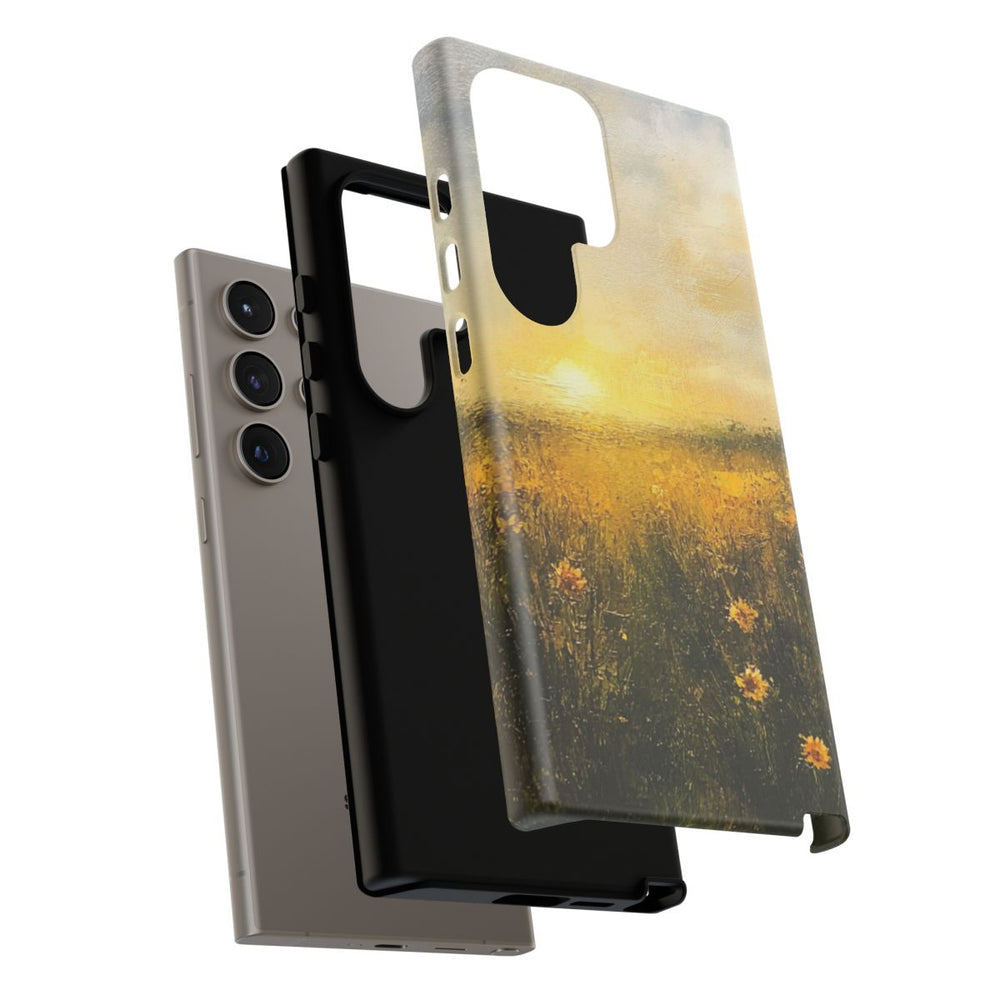 Zonnig Veld met Gele Bloemen bij Zonsondergang