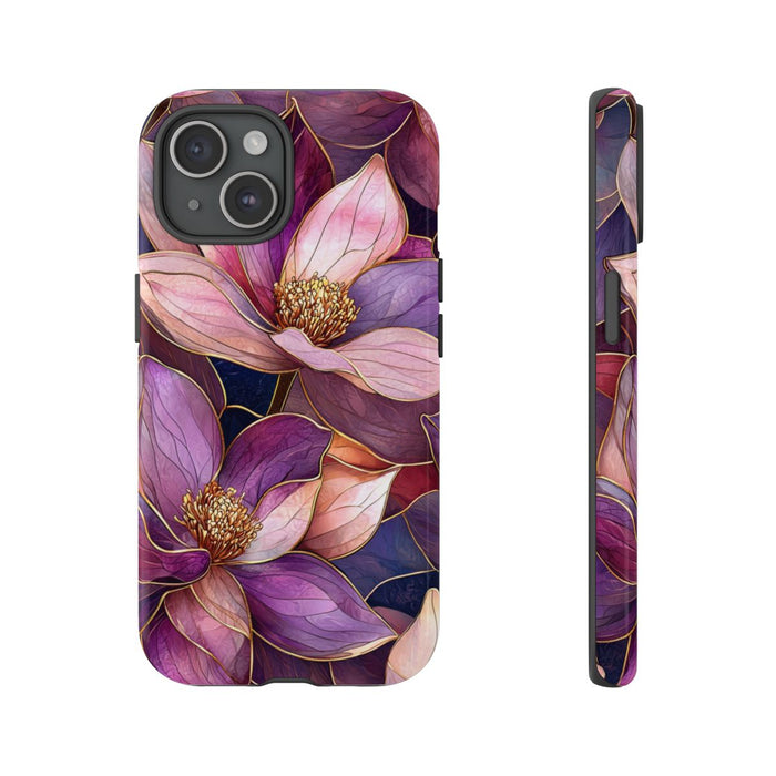 Paarse Magnolia Bloemen in Glas-in-lood