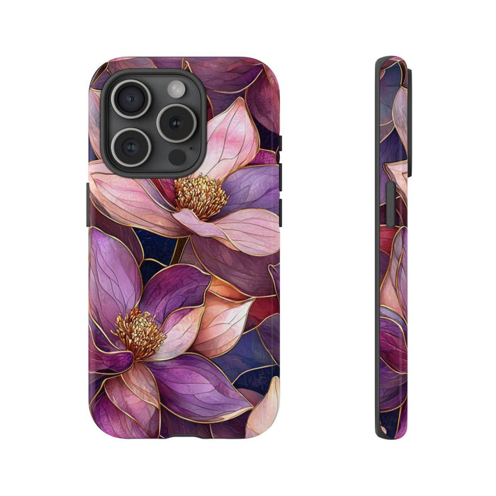 Paarse Magnolia Bloemen in Glas-in-lood