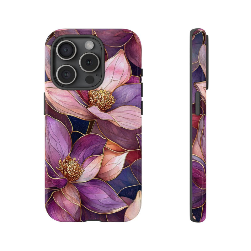 Paarse Magnolia Bloemen in Glas-in-lood