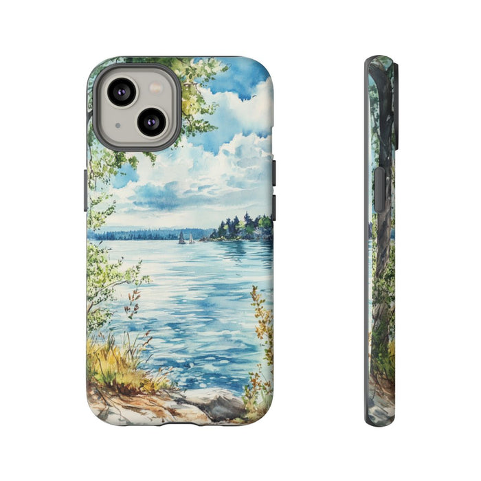 Aquarel Landschap met Meer, Bomen en Zeilboten