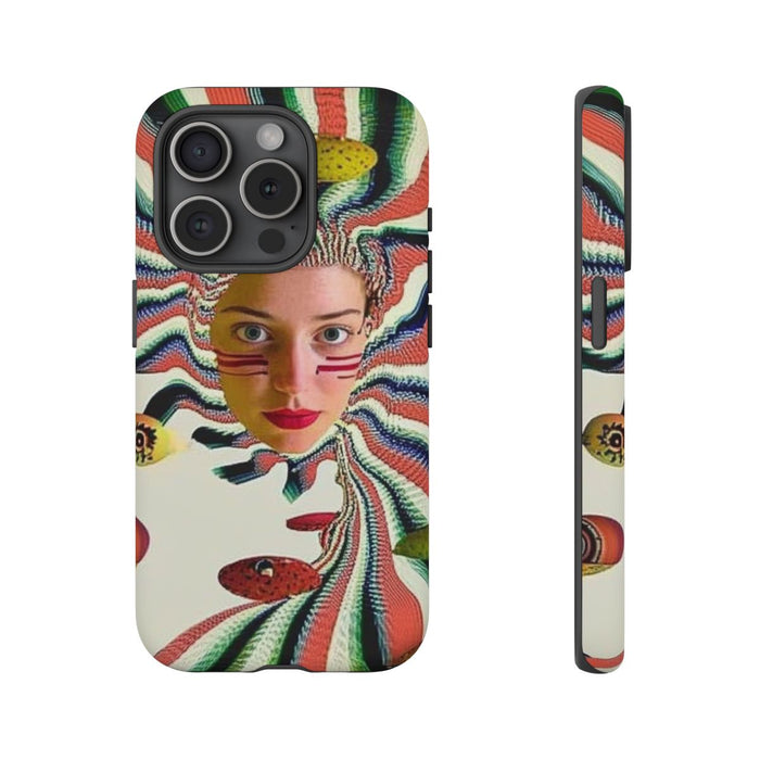 Surrealistisch Vrouwenportret met Kleurrijke Strepen en Zwevende Figuren